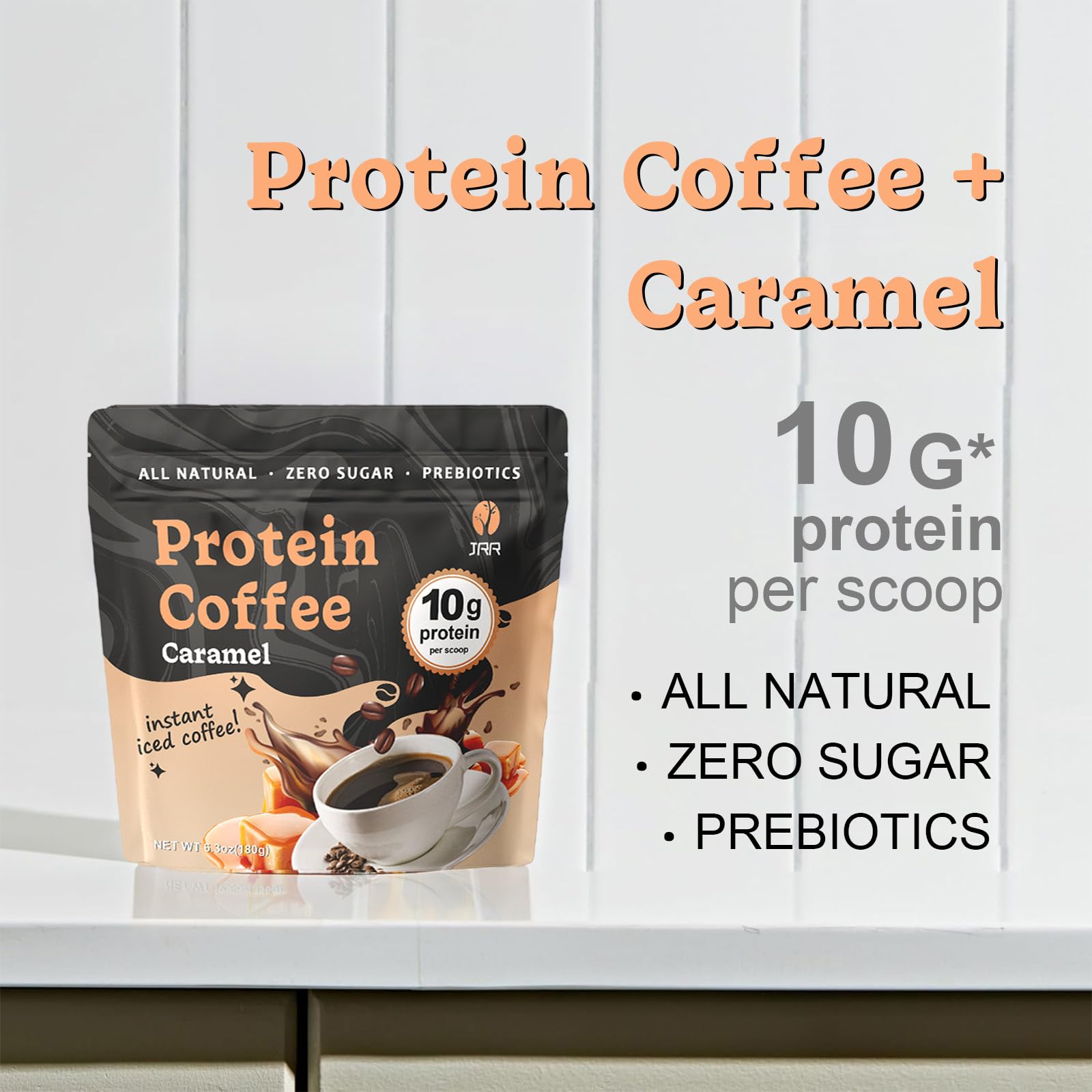 JRR Caramel Protein Coffee Powder prebiotics label signals gut-friendly wellness in a tasty cup
