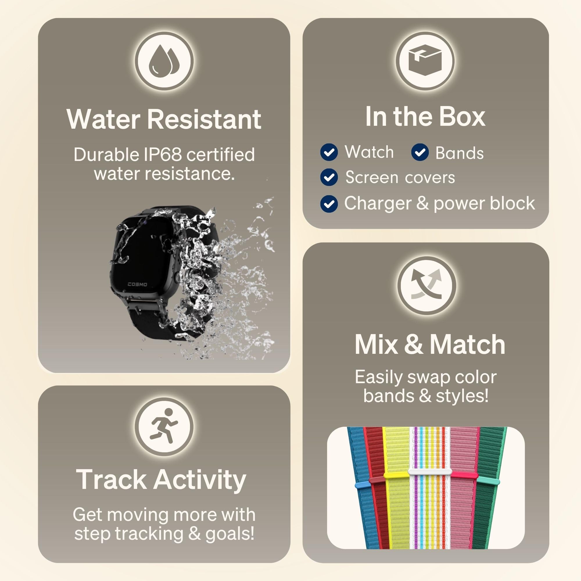 JrTrack 5 Cosmo essential features like alarms and steps for daily routine
