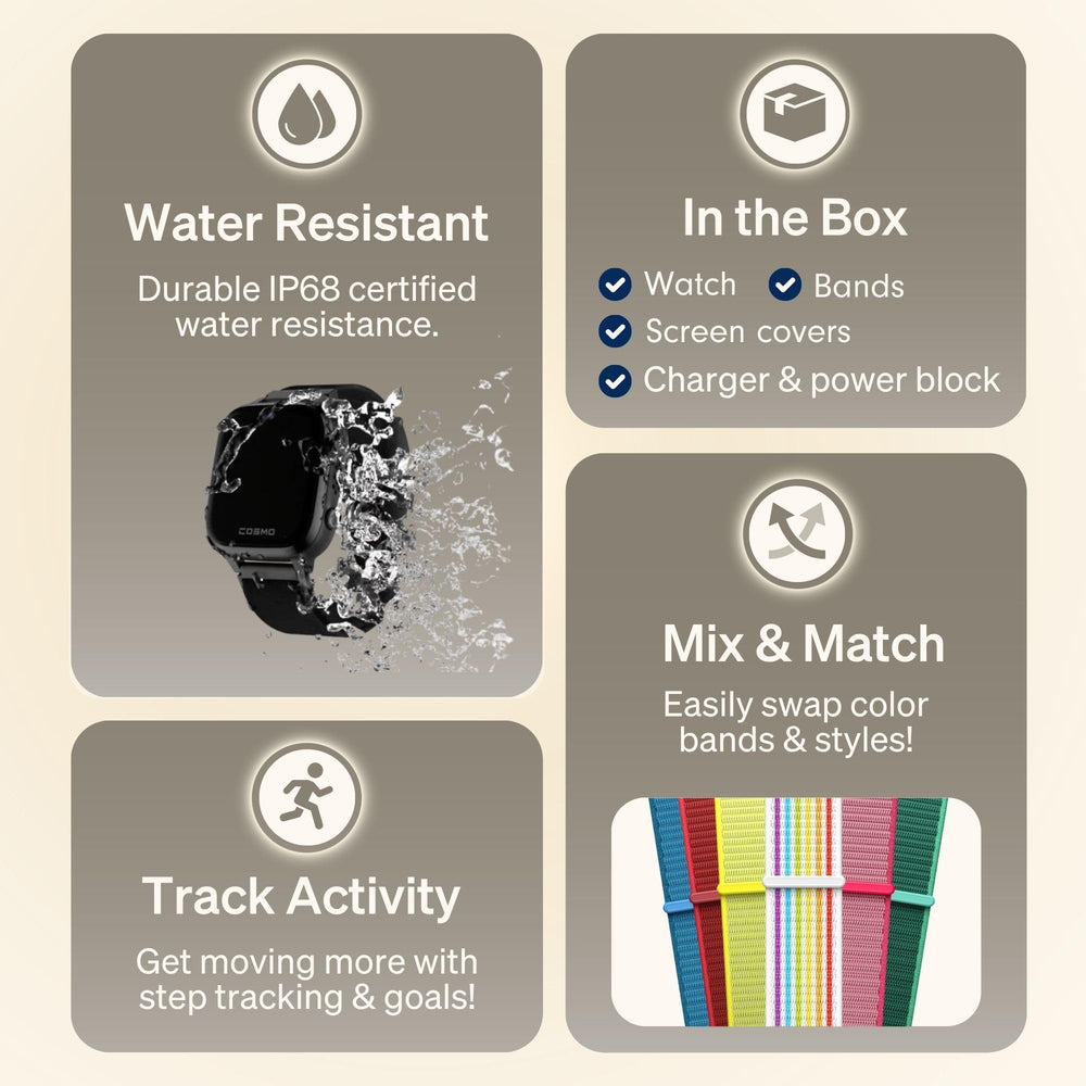 JrTrack 5 Cosmo essential features like alarms and steps for daily routine