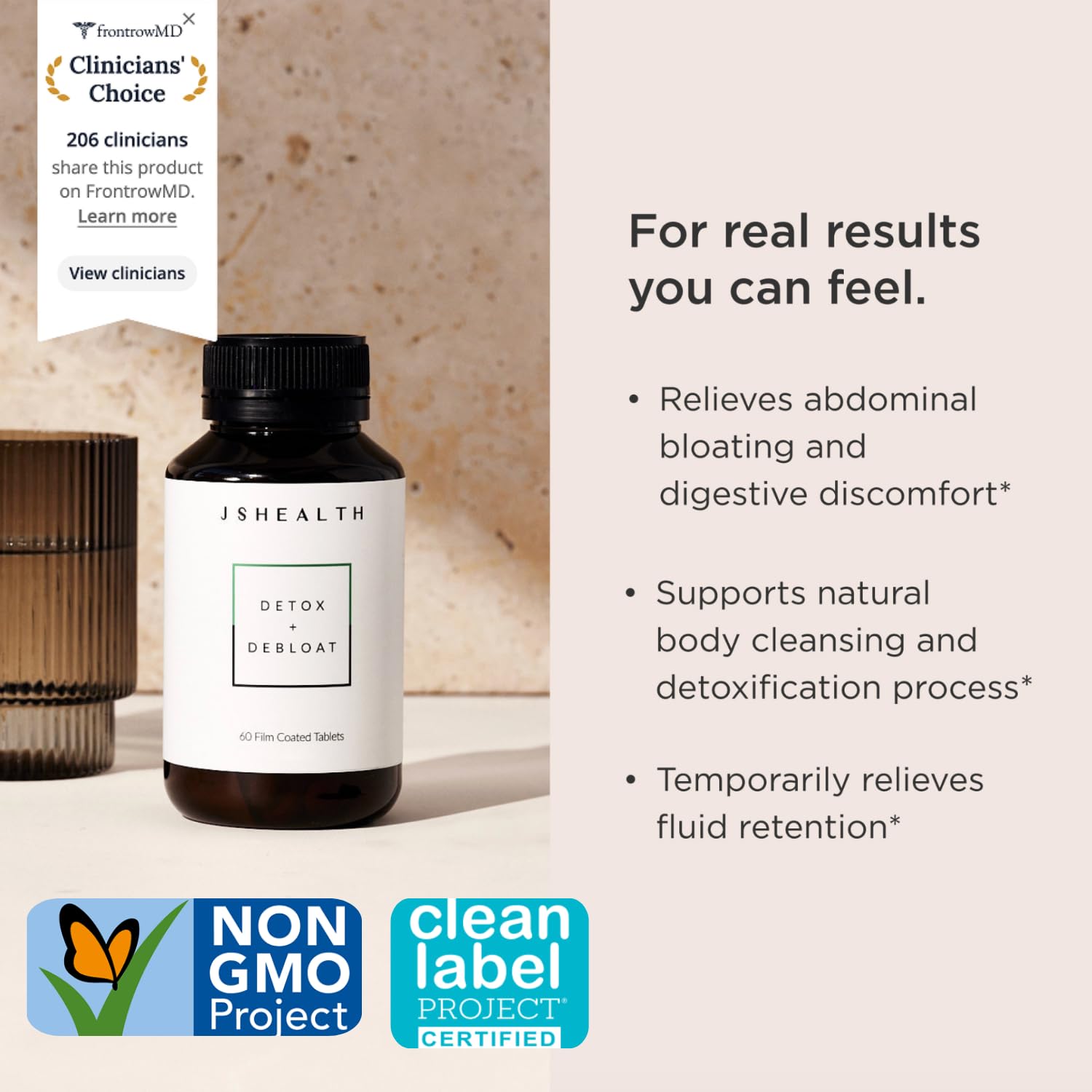 JSHealth Detox Debloat bottle back view reveals ingredient highlights and dosing.