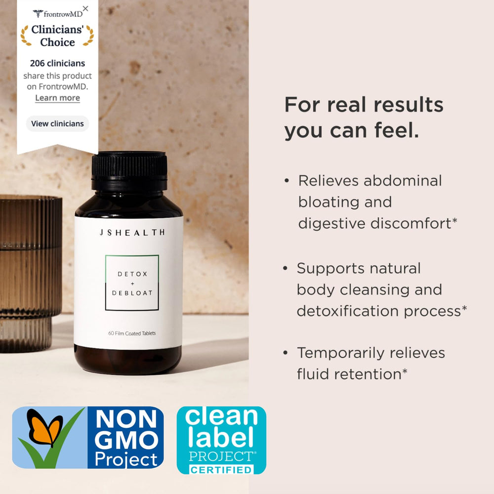 JSHealth Detox Debloat bottle back view reveals ingredient highlights and dosing.