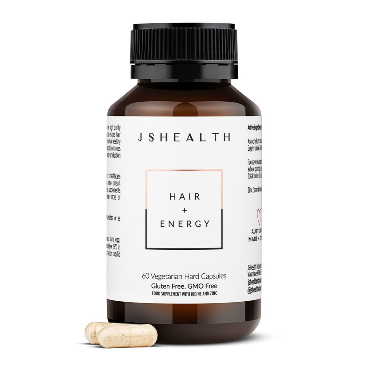 JSHealth Hair Growth Vitamins bottle front promoting daily hair thickness support.