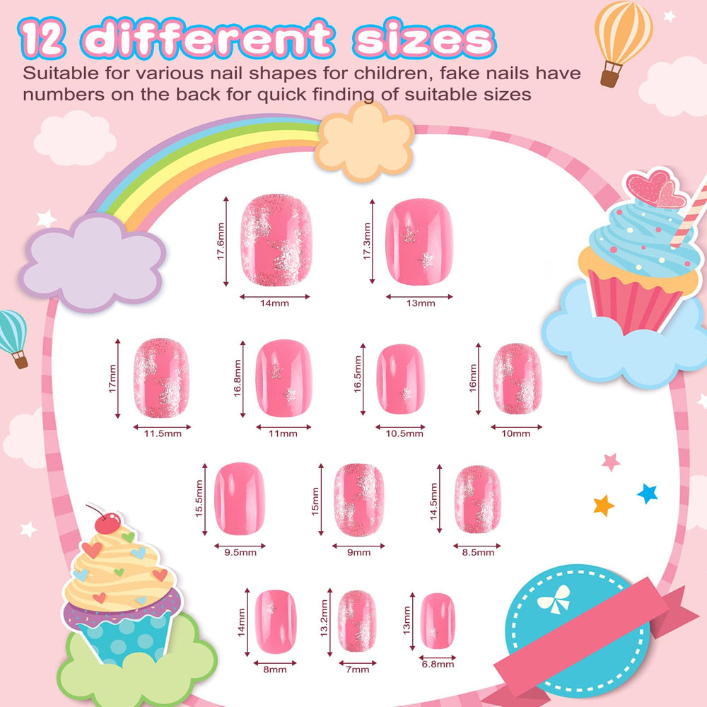 Jsiallye 192pc kids press-on nails set shows unicorn patterns for playful styling.