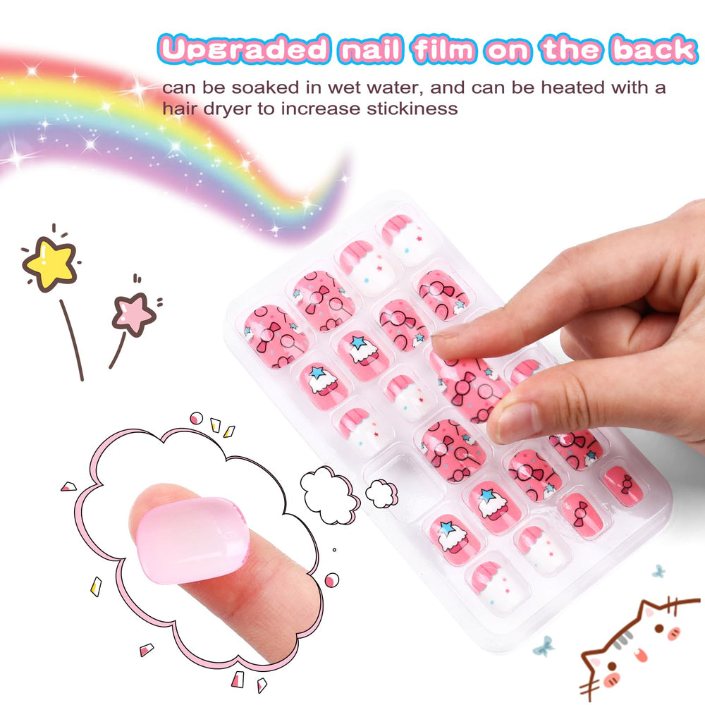Jsiallye cloud-pattern nails for kids stay cute and ready-to-go with safe pre-glued adhesion.