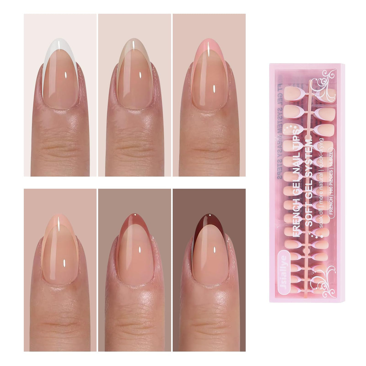 Jsiallye French-tip press-on nails in short almond kit for quick, chic manicures at home.