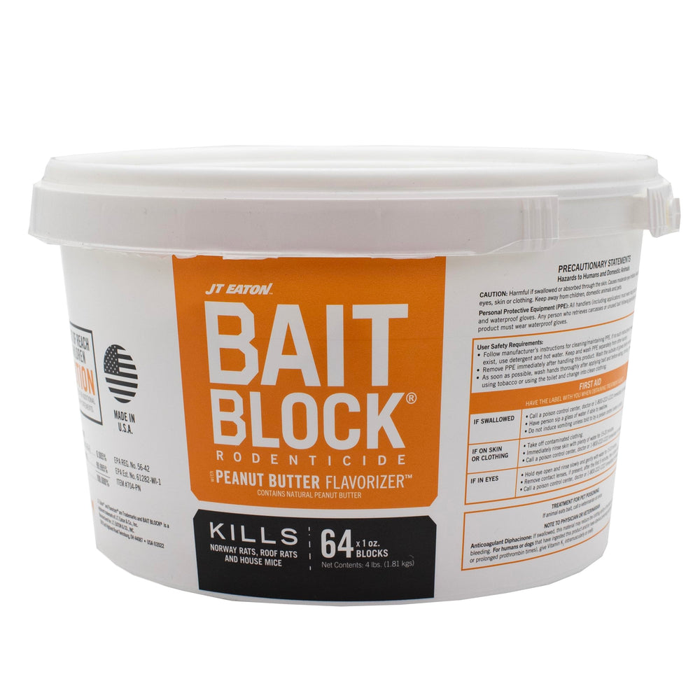 JT Eaton bait block peanut butter flavor in a 4 lb pail for long-lasting pest control.