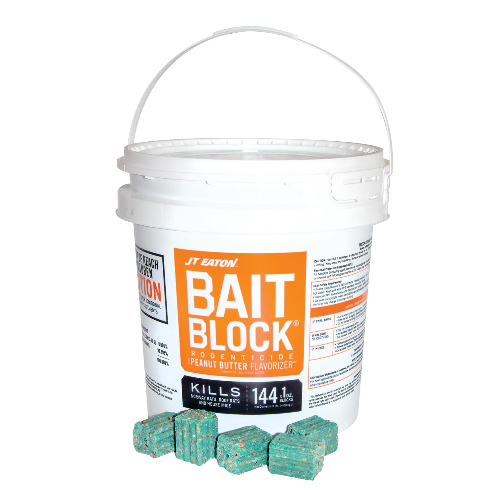 JT Eaton bait blocks in peanut butter flavor inside a 128-block pail for rodent control