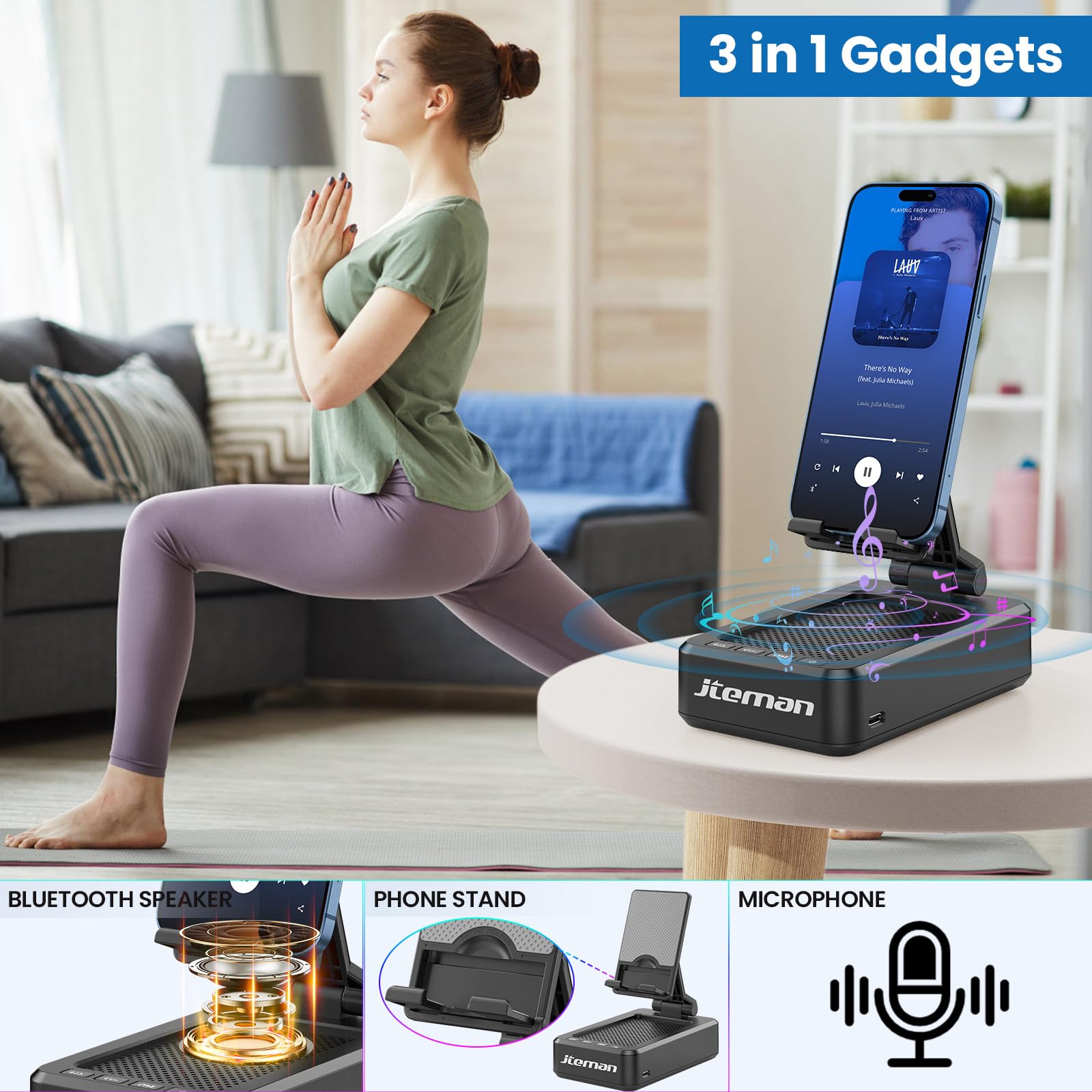 Jteman foldable stand with Bluetooth speaker for portable listening.