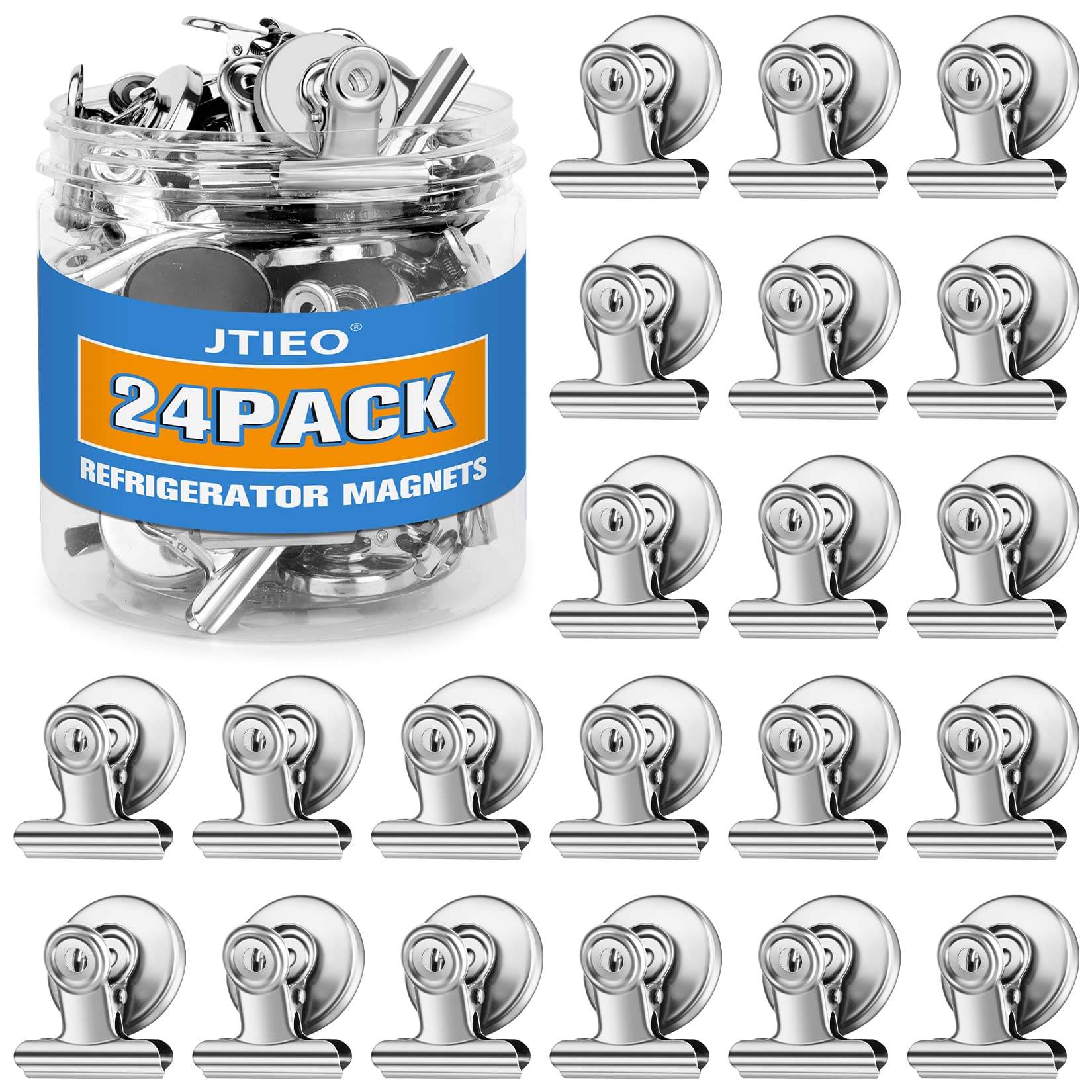 JTIEO 24-pack magnetic clips on fridge showing strong hold for photos and notes