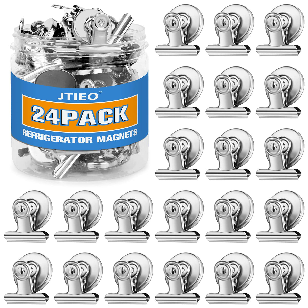 JTIEO 24-pack magnetic clips on fridge showing strong hold for photos and notes