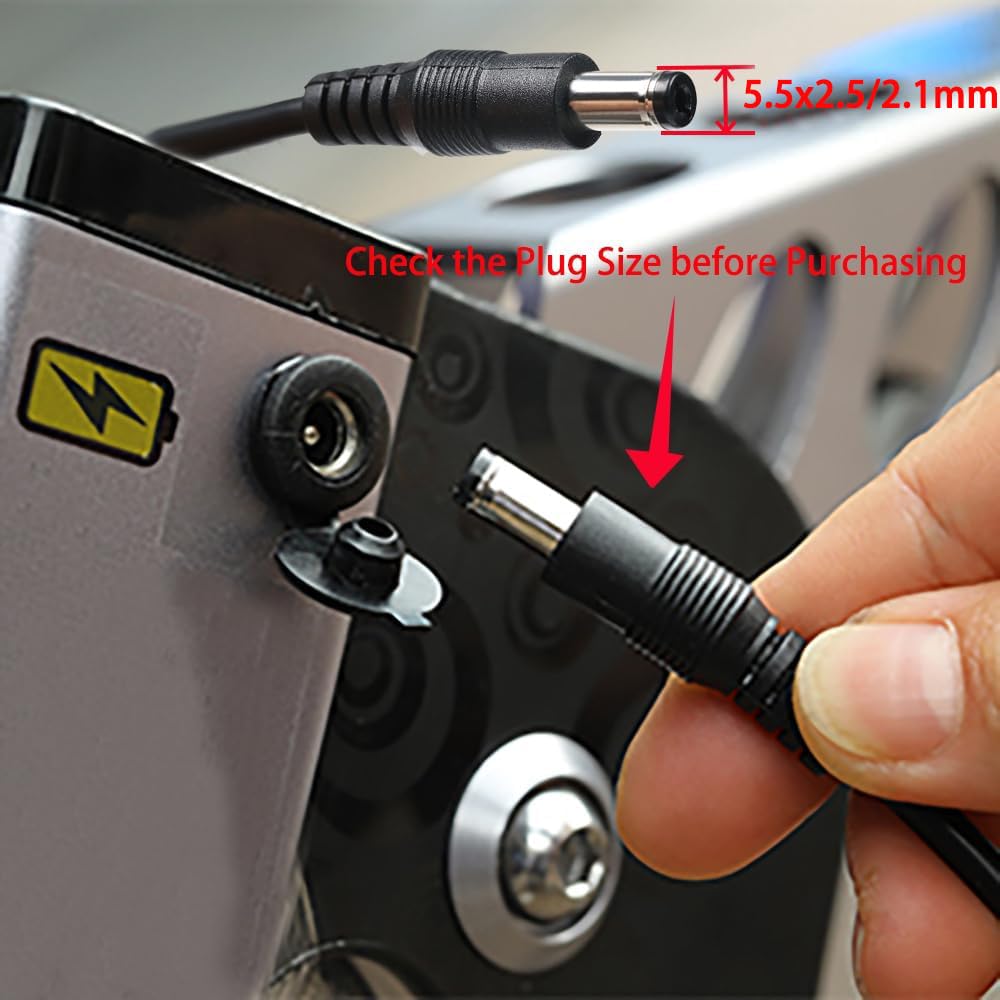 Jucuwe 42V 2A adapter LED indicators, red charging and green full signals.