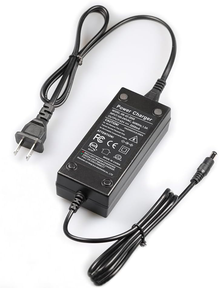 Jucuwe 42V 2A adapter packaging, one year guarantee included.