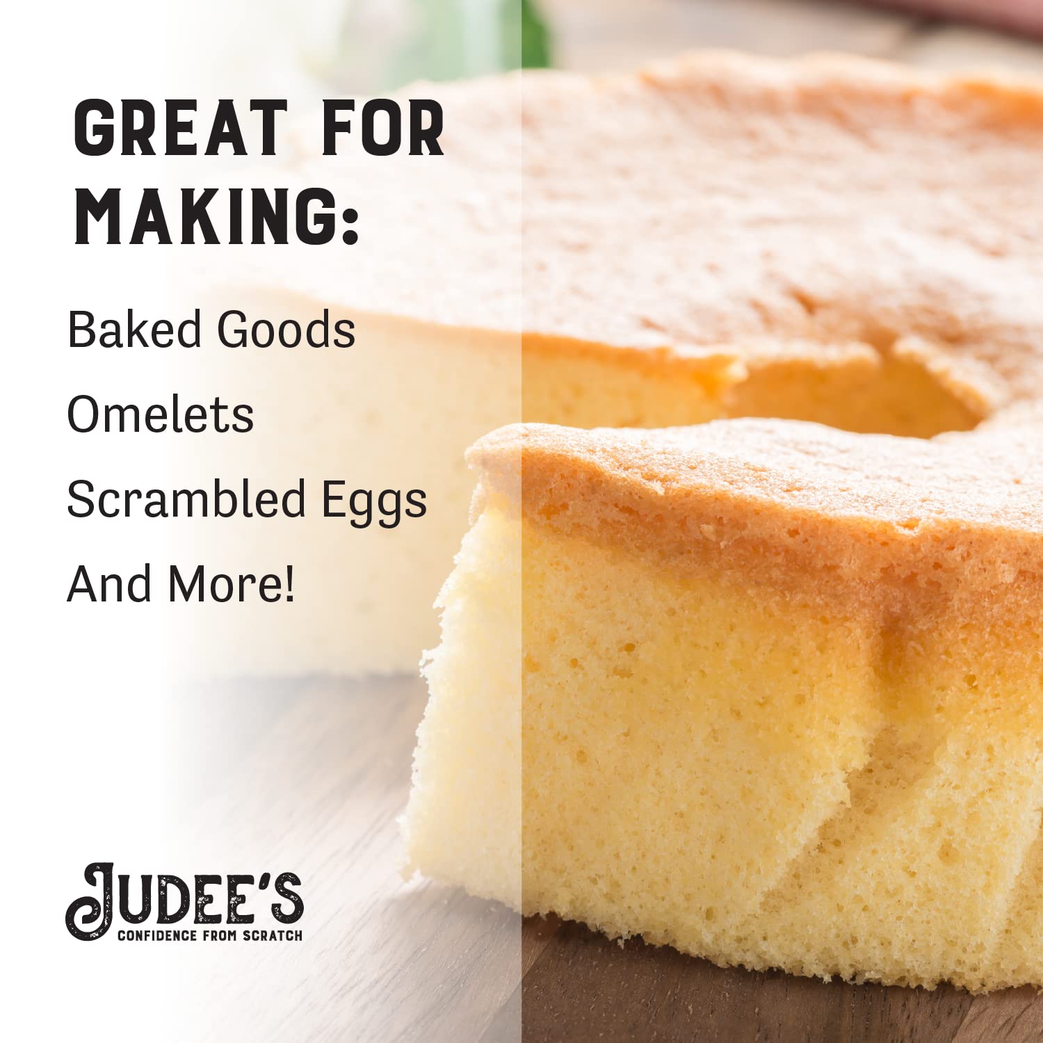 Judee's baking with dried egg powder for cakes and cookies.