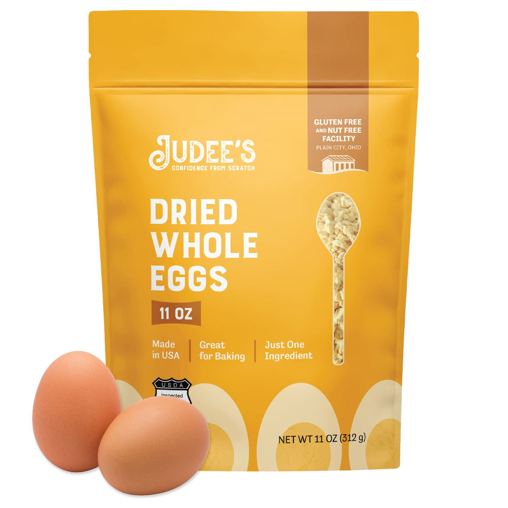Judee's Gluten Free dried egg powder bottle for versatile baking and quick rehydration.