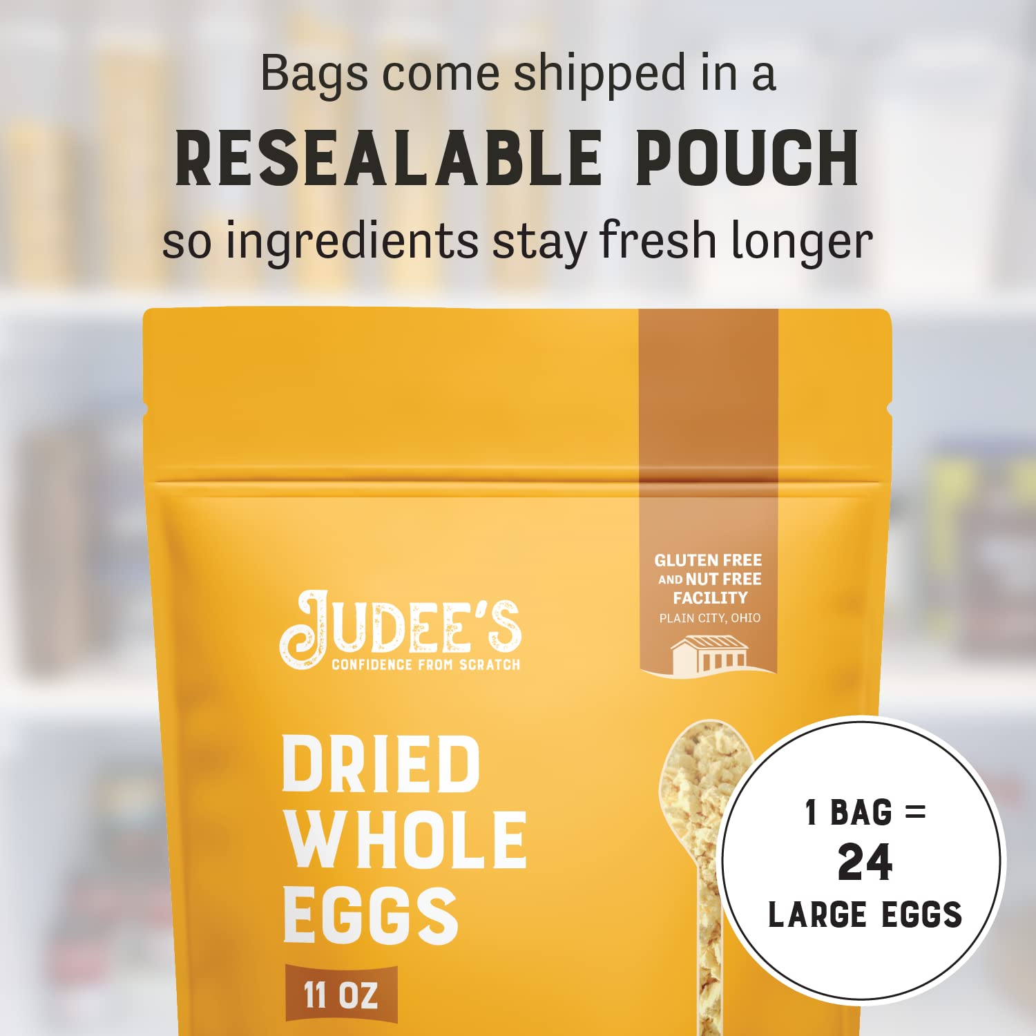 Judee's resealable pouch highlighting freshness and long storage of dried egg powder.