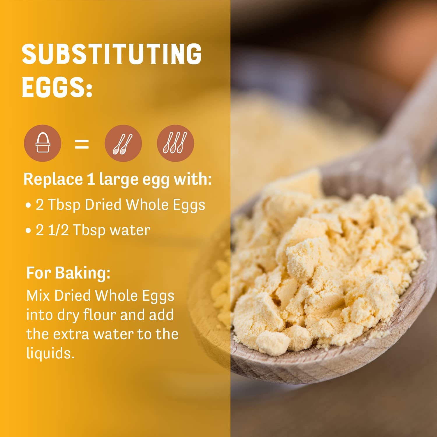 Judee's Gluten Free egg powder storage emphasizes shelf stability.