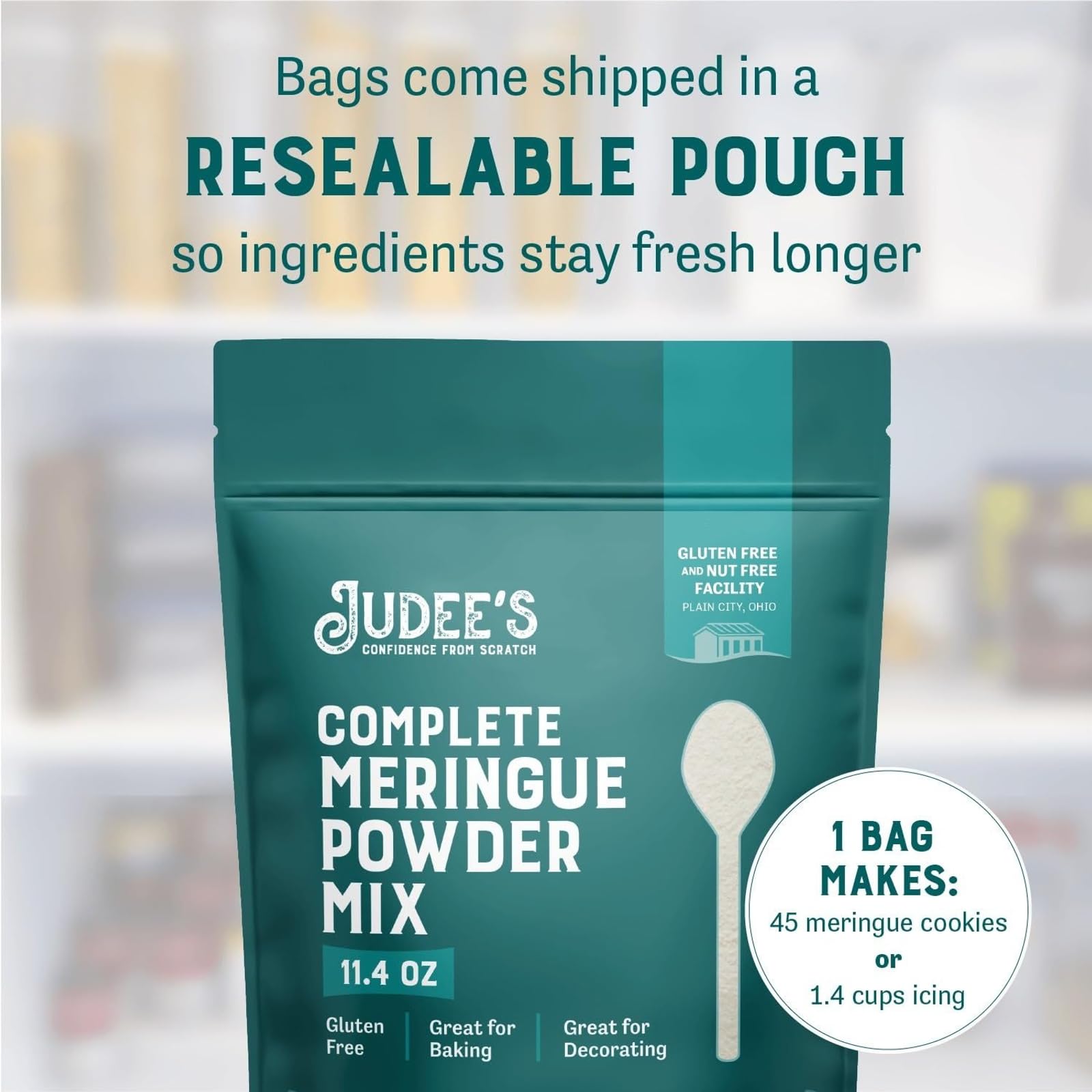 Judee's resealable pouch keeps meringue powder fresh between bakes.