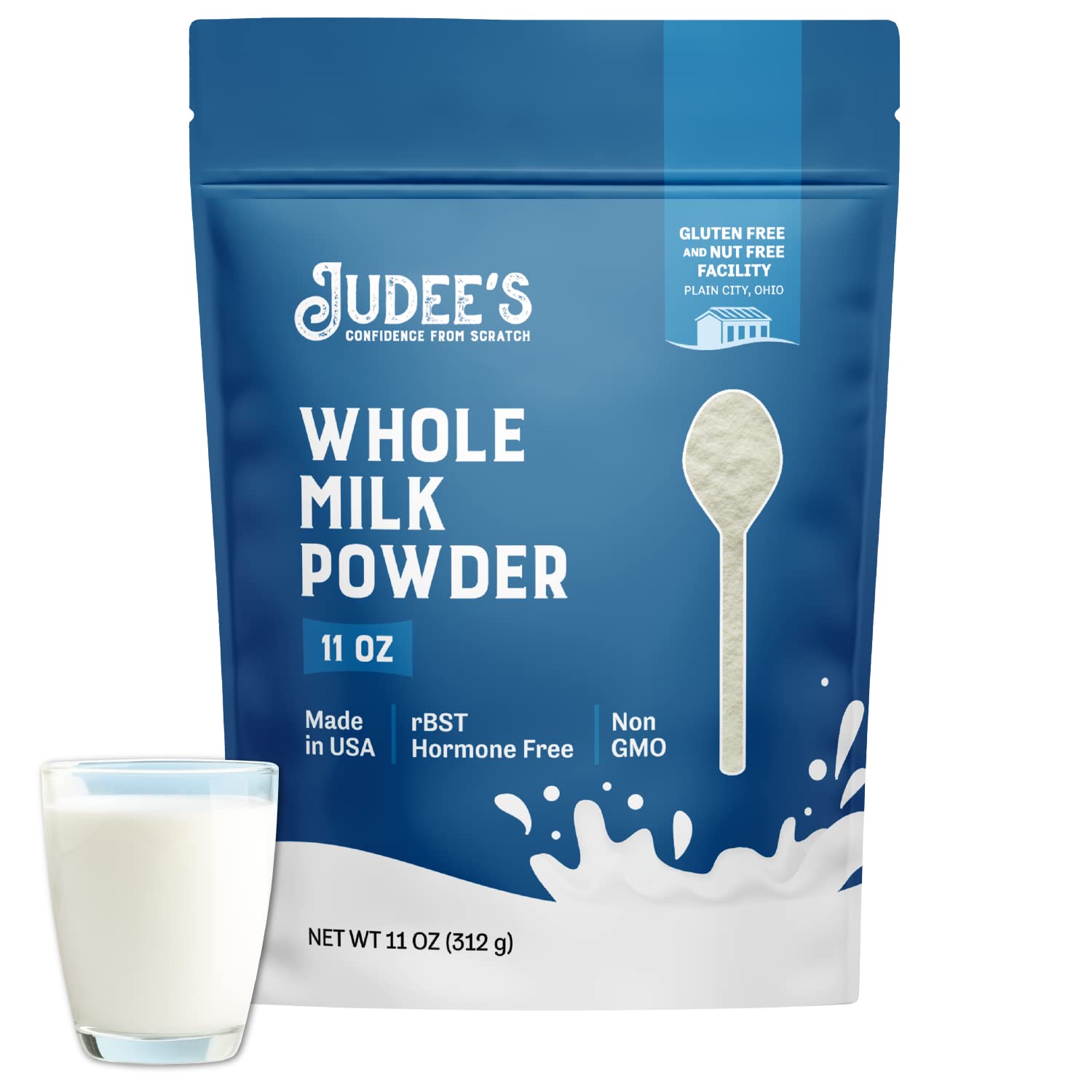 Judee's Gluten Free whole milk powder packaging shown for freshness and convenience.