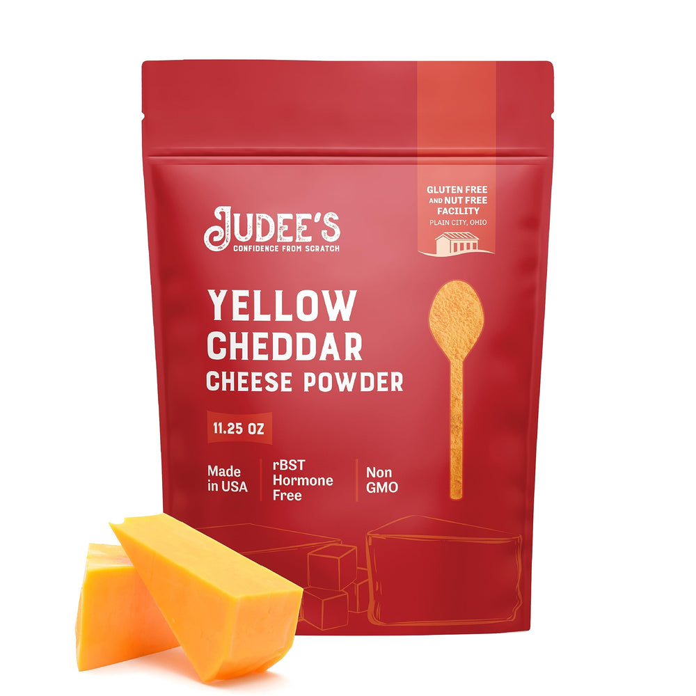 Judee's Gluten Free cheddar cheese powder jar for easy seasoning