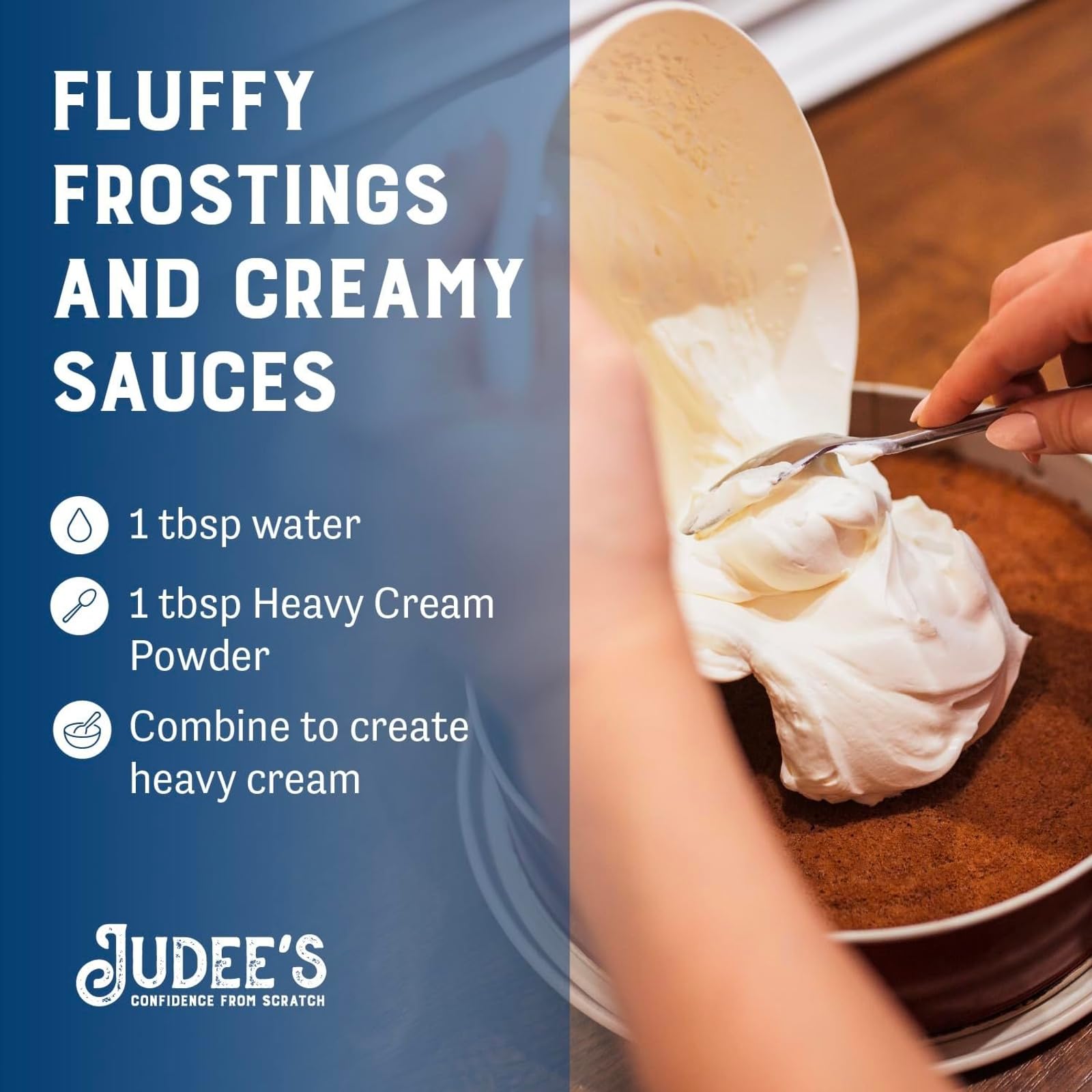 Measuring cup shows reconstituted cream powder in a recipe test.