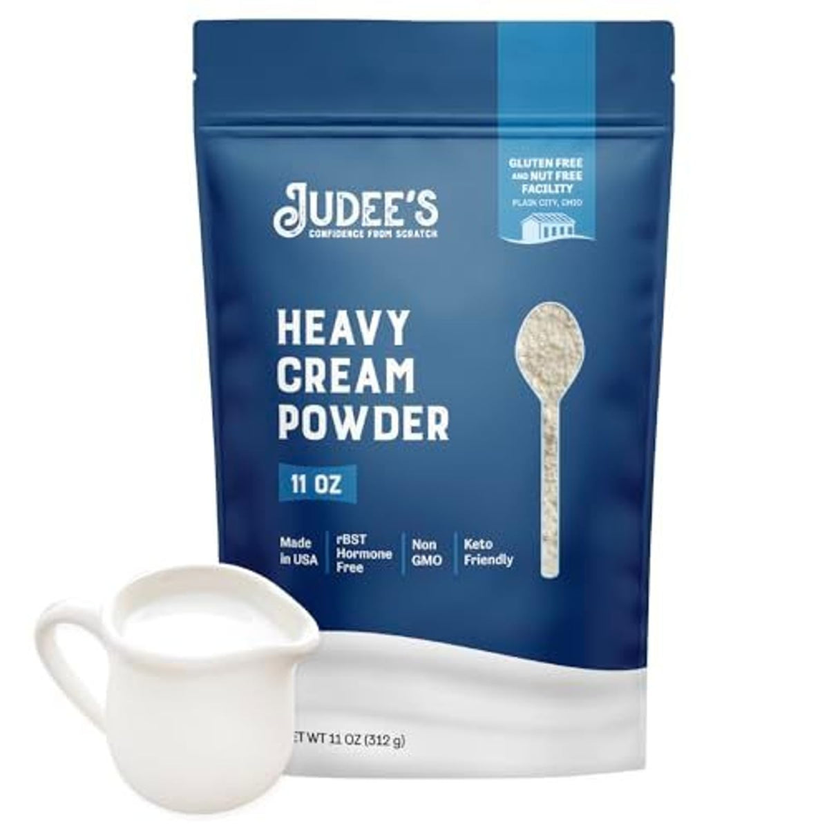 Judee's heavy cream powder in a resealable pouch for shelf-stable cooking.