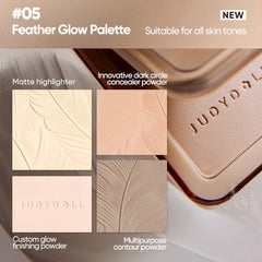 JUDYDOLL All-in-One Face Palette swatches show versatile tones.