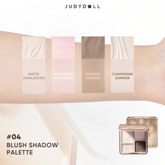 Judydoll Highlight & Contour palette open swatches show highlighter and contour shades for sculpted looks