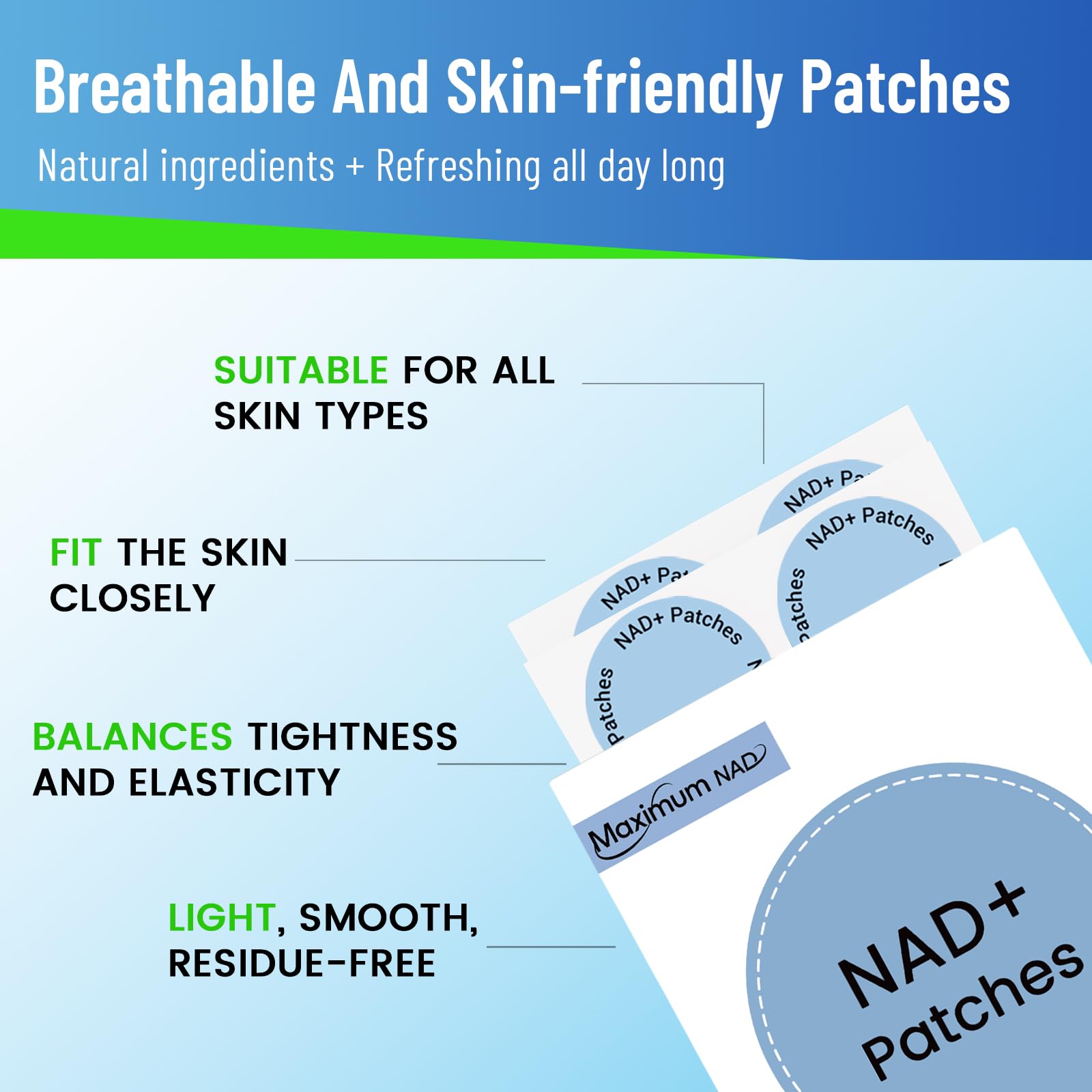 Juebingy NAD+ patch packaging highlighting vegan formula and 8-hour release