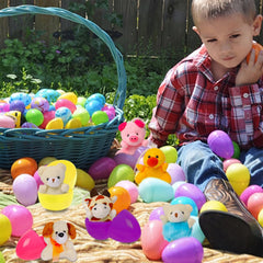 Bright color assortment highlights sturdy eggs and adorable plush critters.