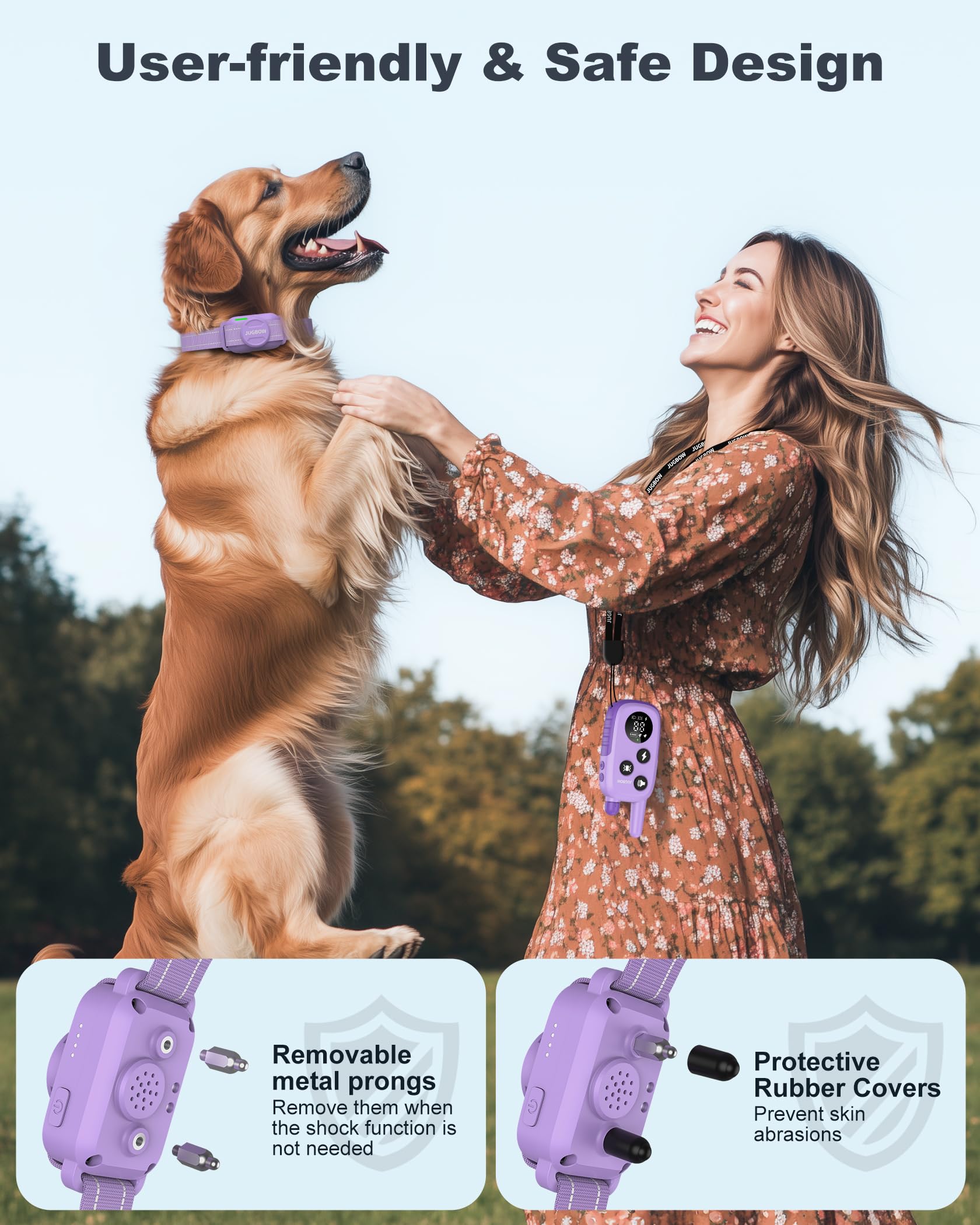 Jugbow detachable prongs with safety covers for skin-safe operation.