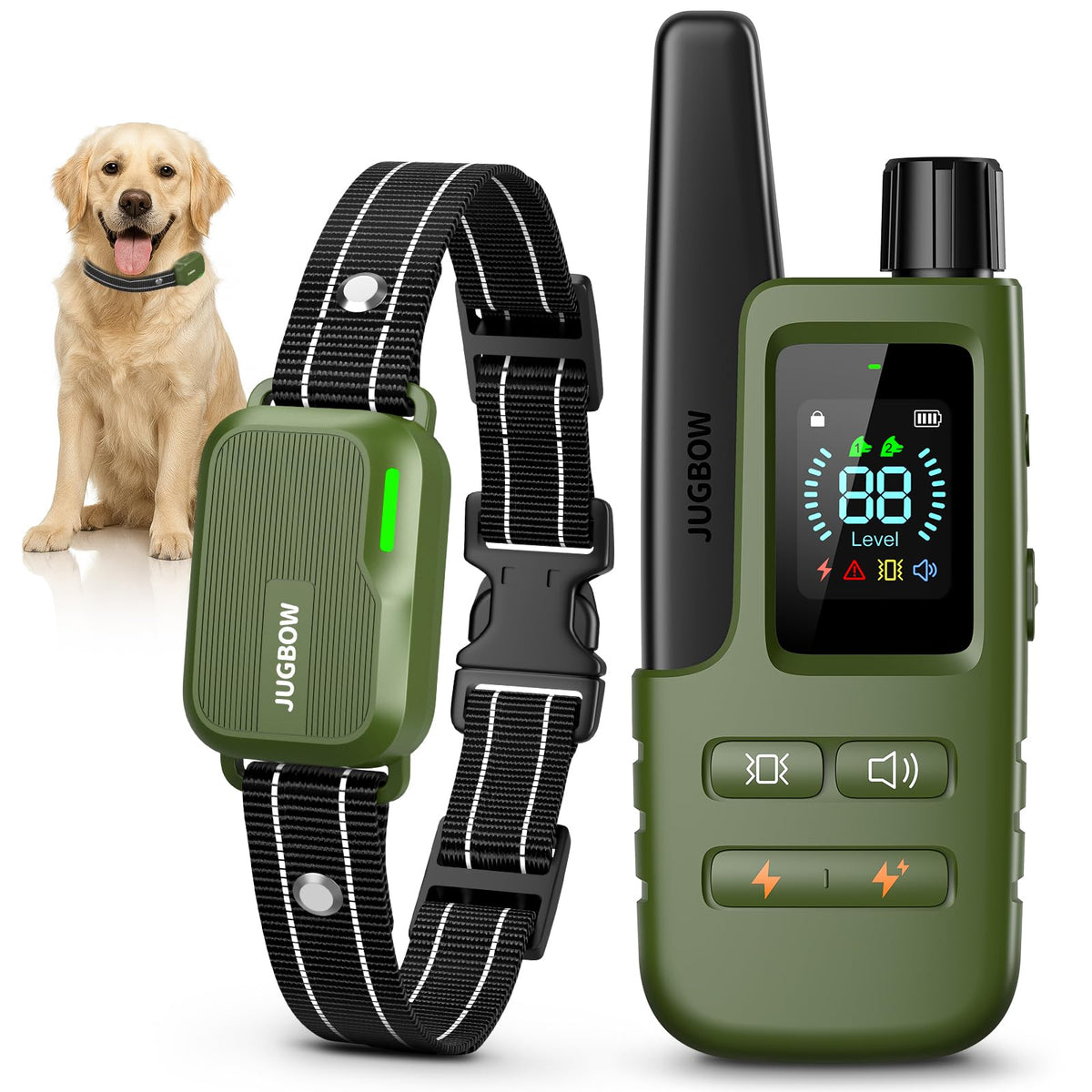Jugbow dog shock collar with remote enables long-range training.