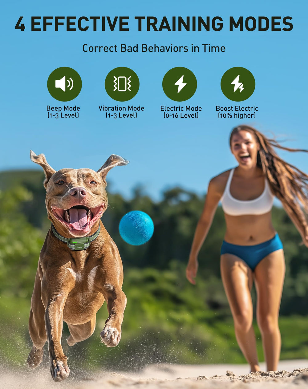 Jugbow collar with vibration mode aids gentle obedience training.
