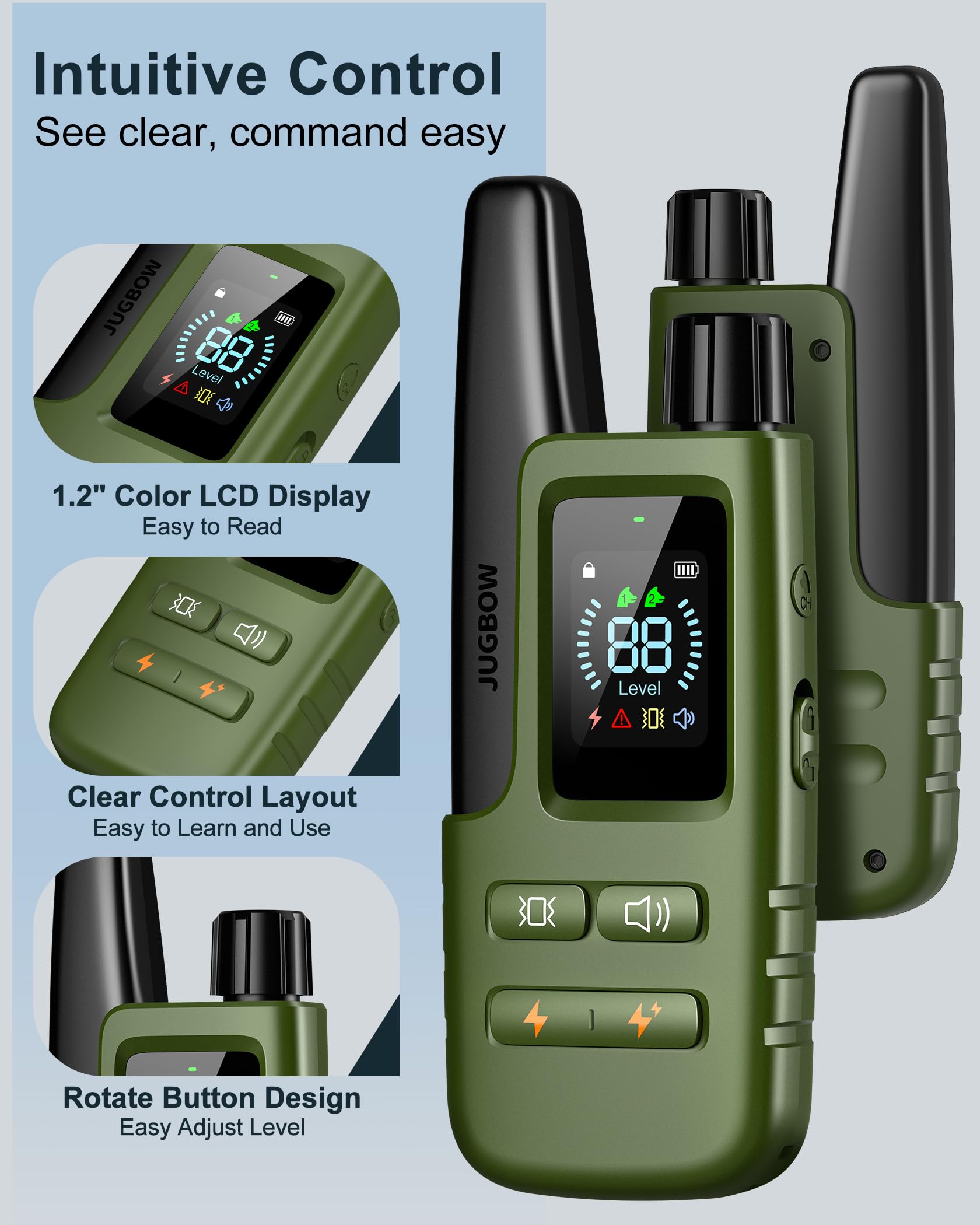 Jugbow e-collar with extended battery life for convenience.