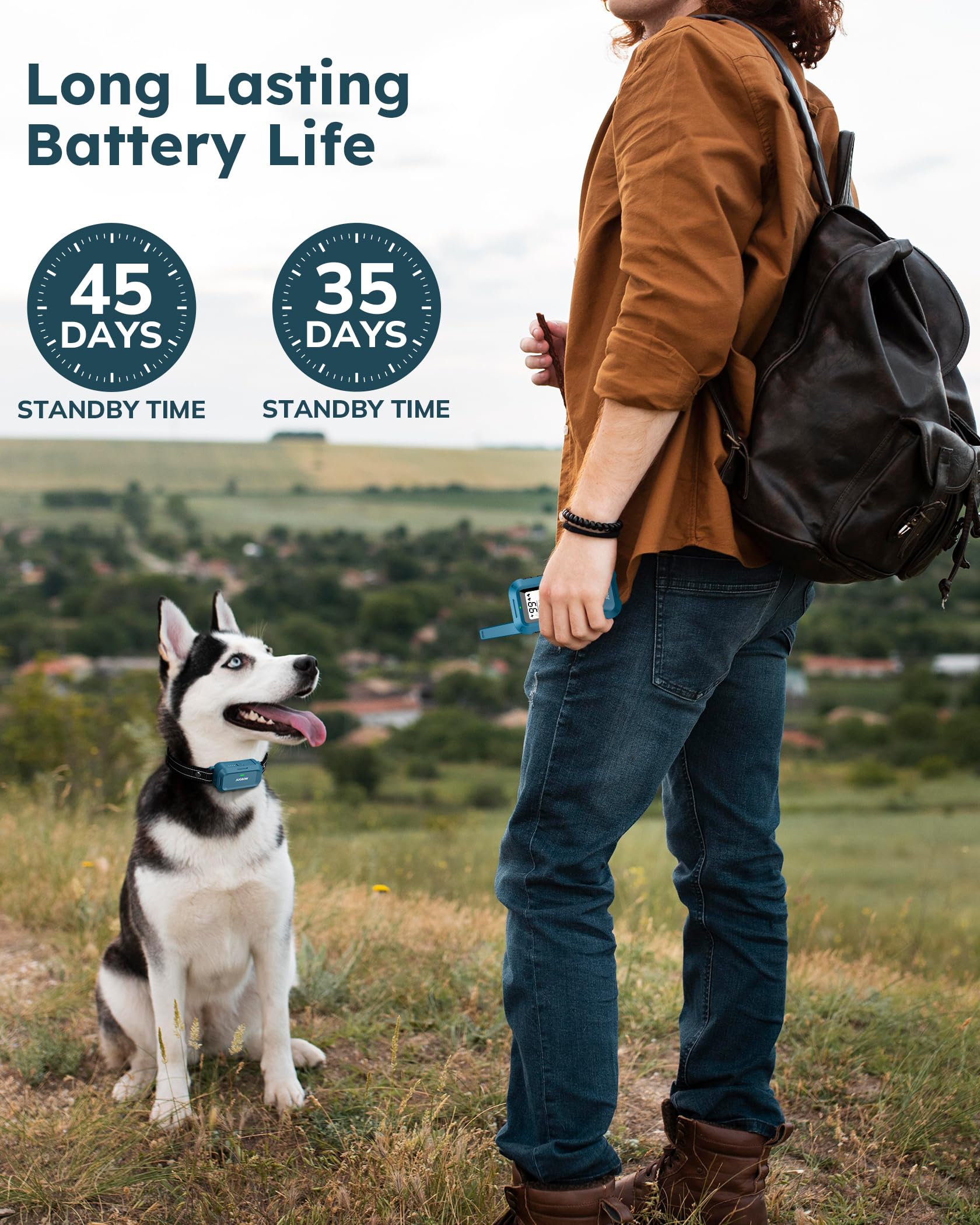 Rechargeable Jugbow remote and collar battery for extended sessions.