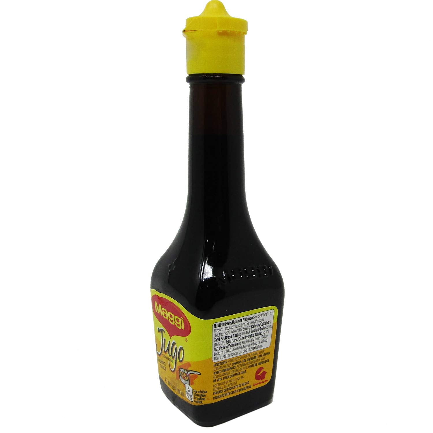 Jugo Maggi seasoning sauce closeup highlights versatile kitchen use.