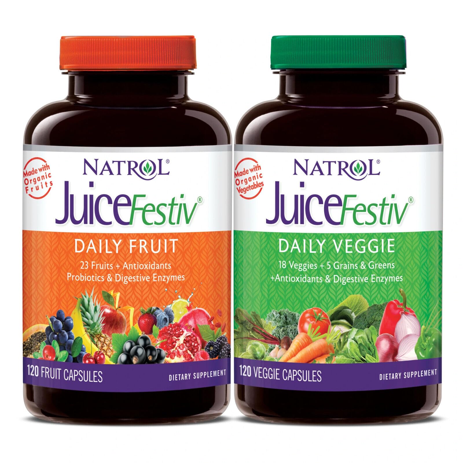 Juice Festiv bottle with fruit and veggie capsules for daily nutrition