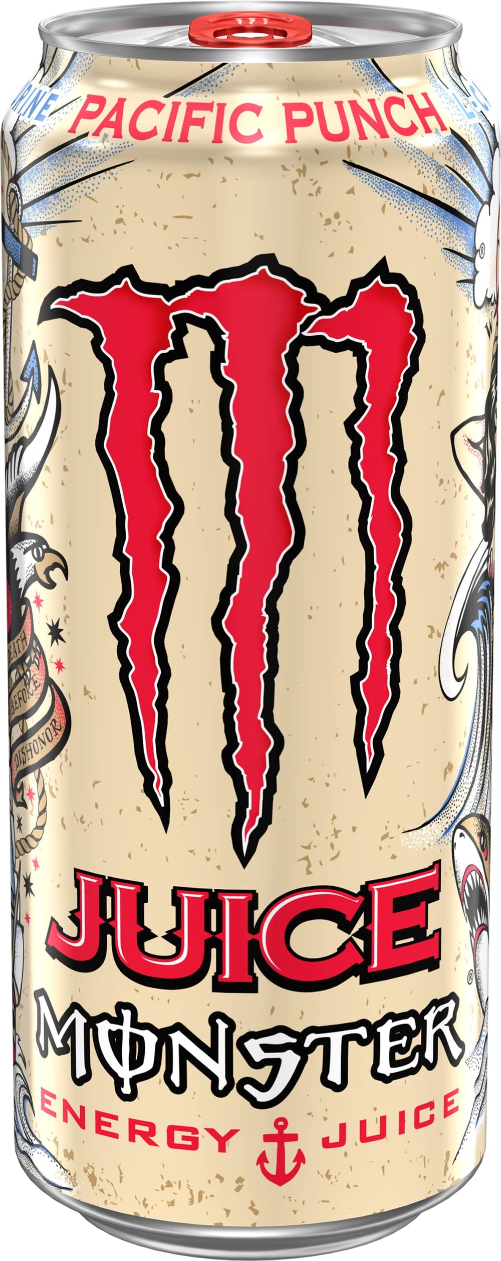 Juice Monster Pacific Punch label close-up, 16 oz can offering convenient energy for adventures.
