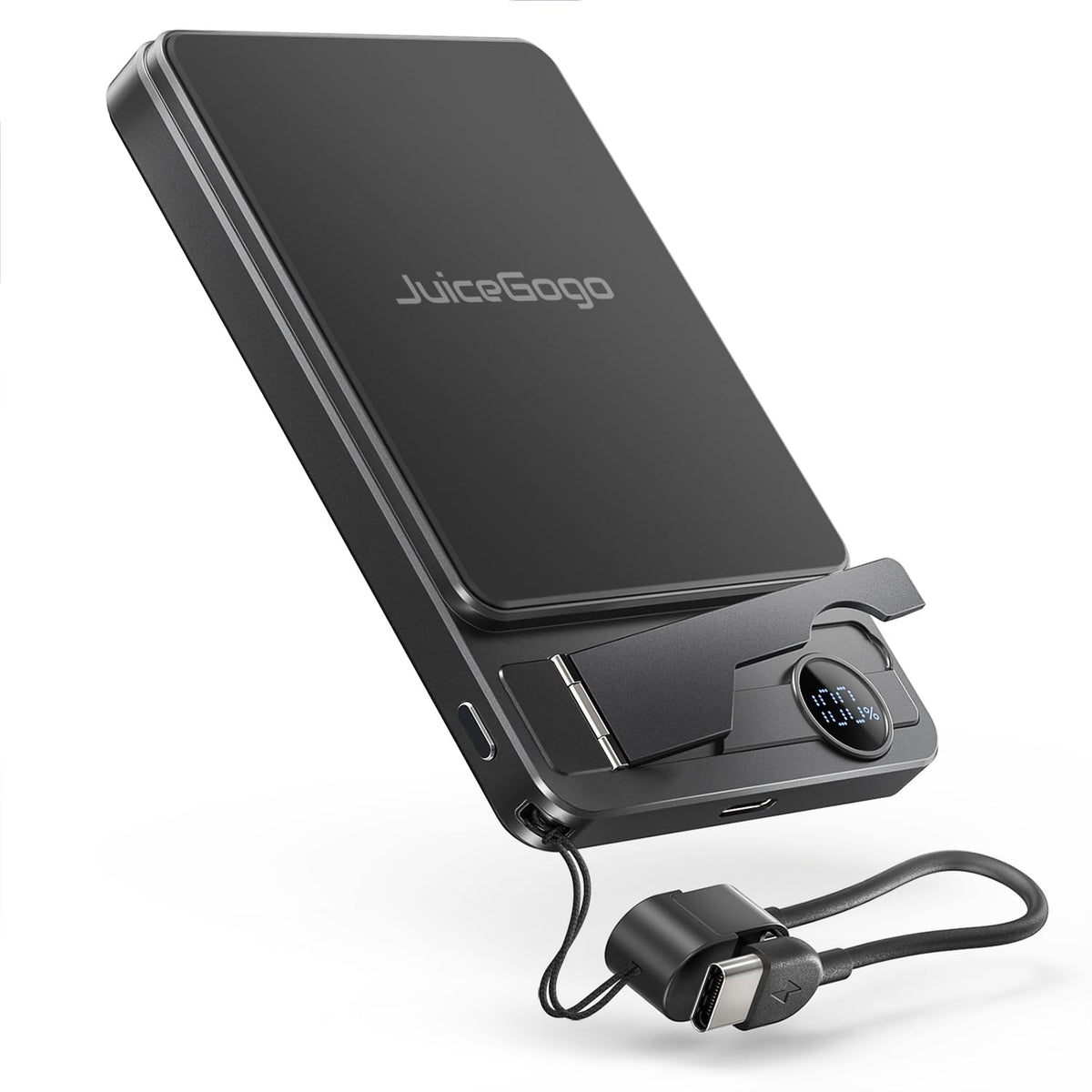 JuiceGogo magnetic power bank on tabletop with MagSafe alignment and sleek finish