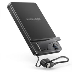 JuiceGogo magnetic power bank on tabletop with MagSafe alignment and sleek finish
