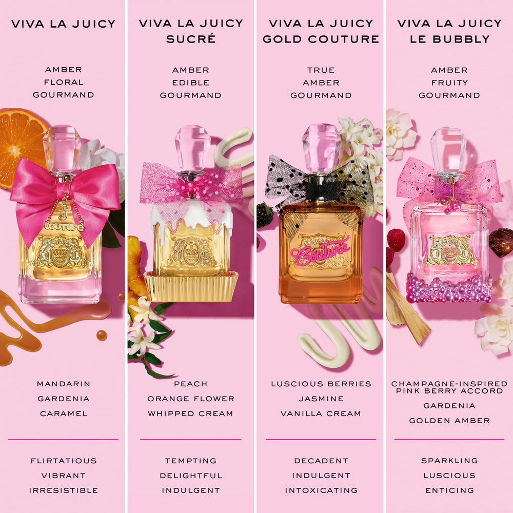 Bottle on a marble shelf highlighting amber floral profile of Viva La Juicy EDP.