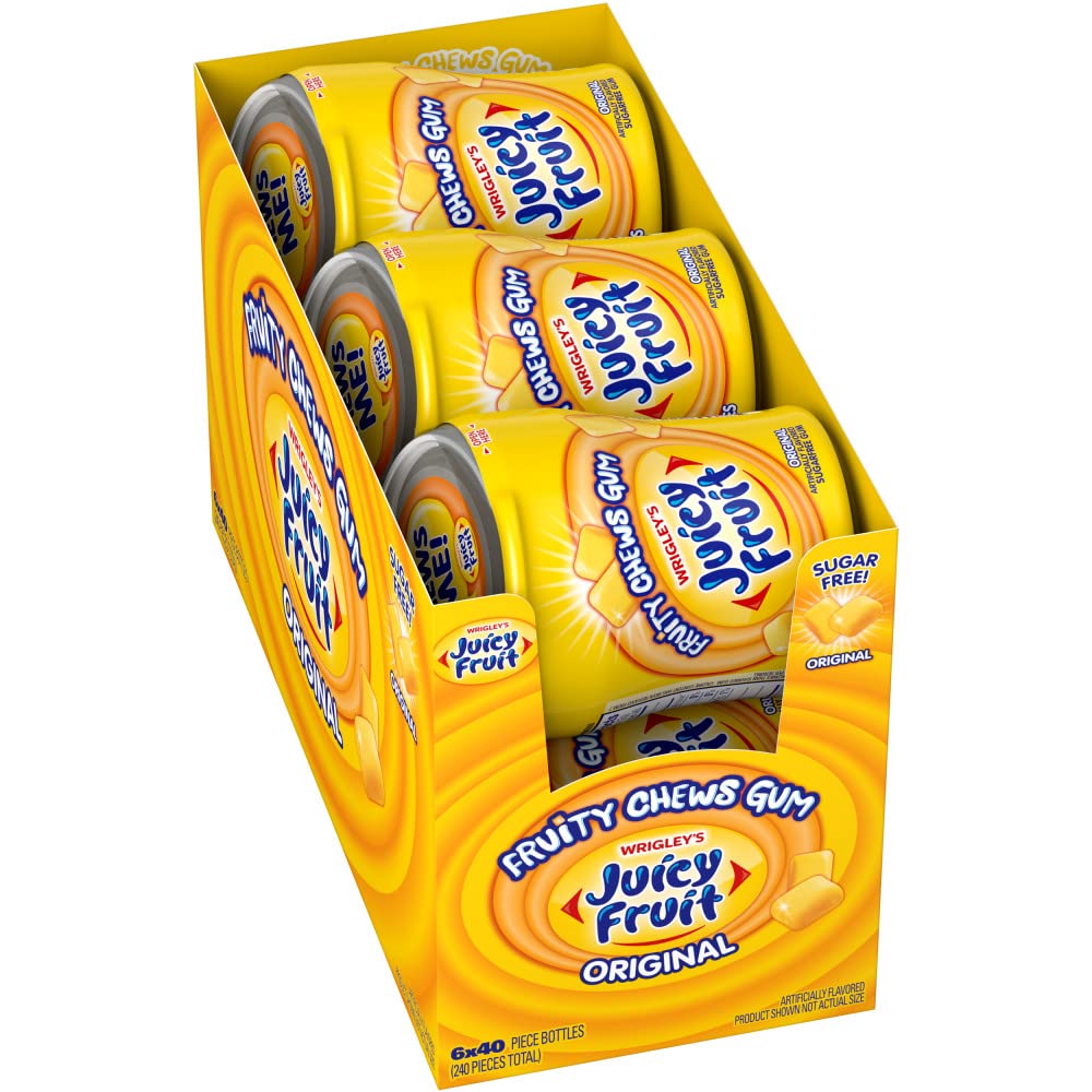 Juicy Fruit Gum sugar-free bottle front shows iconic fruity flavor for on-the-go refreshment.