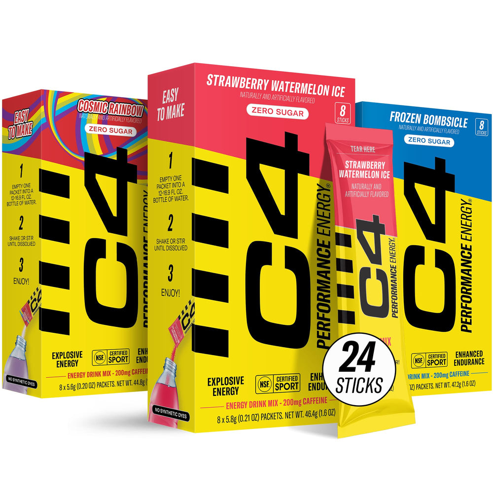 Juicy Mixes C4 Performance Energy variety pack box, convenient for on-the-go fueling and flavor exploration.