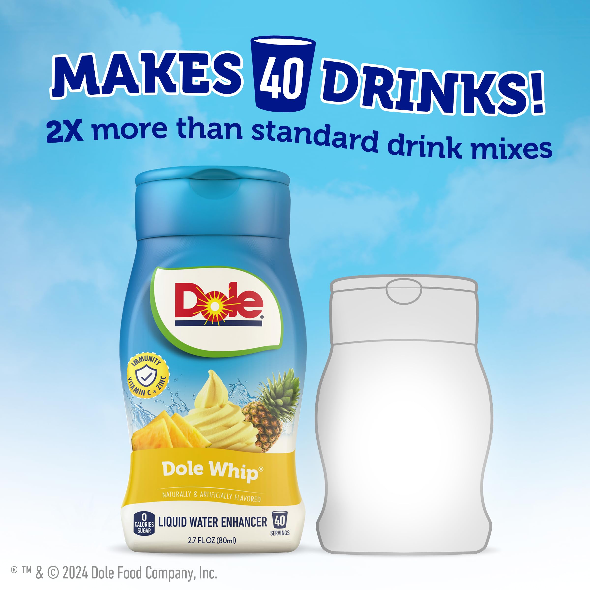 Juicy Mixes Dole Pineapple Whip label highlights ingredients and zero sugar.