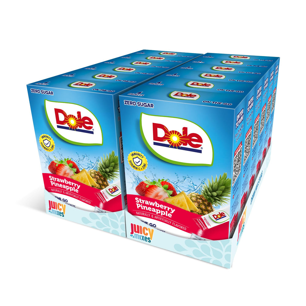Juicy Mixes Dole Strawberry Pineapple powder canister for zero-sugar hydration and tropical flavor.