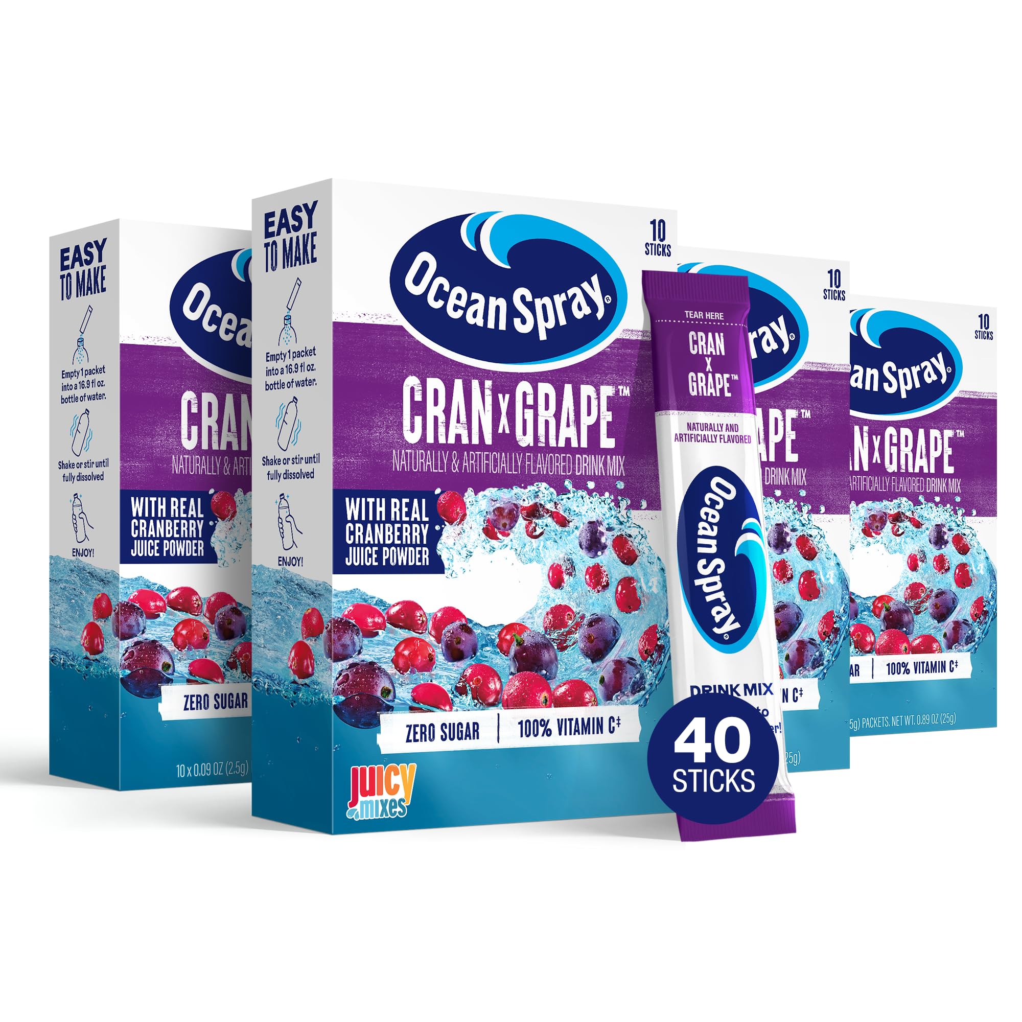 Juicy Mixes Ocean Spray Cran-Grape packets highlight real cranberry juice powder for on-the-go hydration.