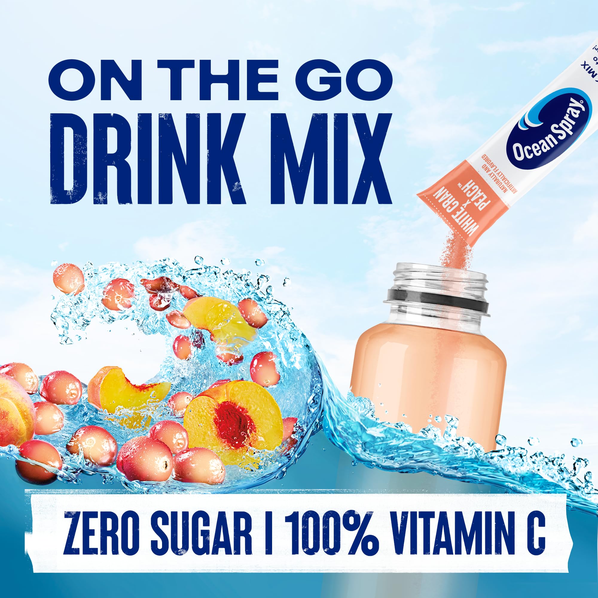 Juicy Mixes Ocean Spray White Cran-Peach pour into water for flavor.
