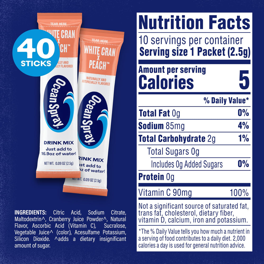 Juicy Mixes Ocean Spray White Cran-Peach stick for single-serve convenience.