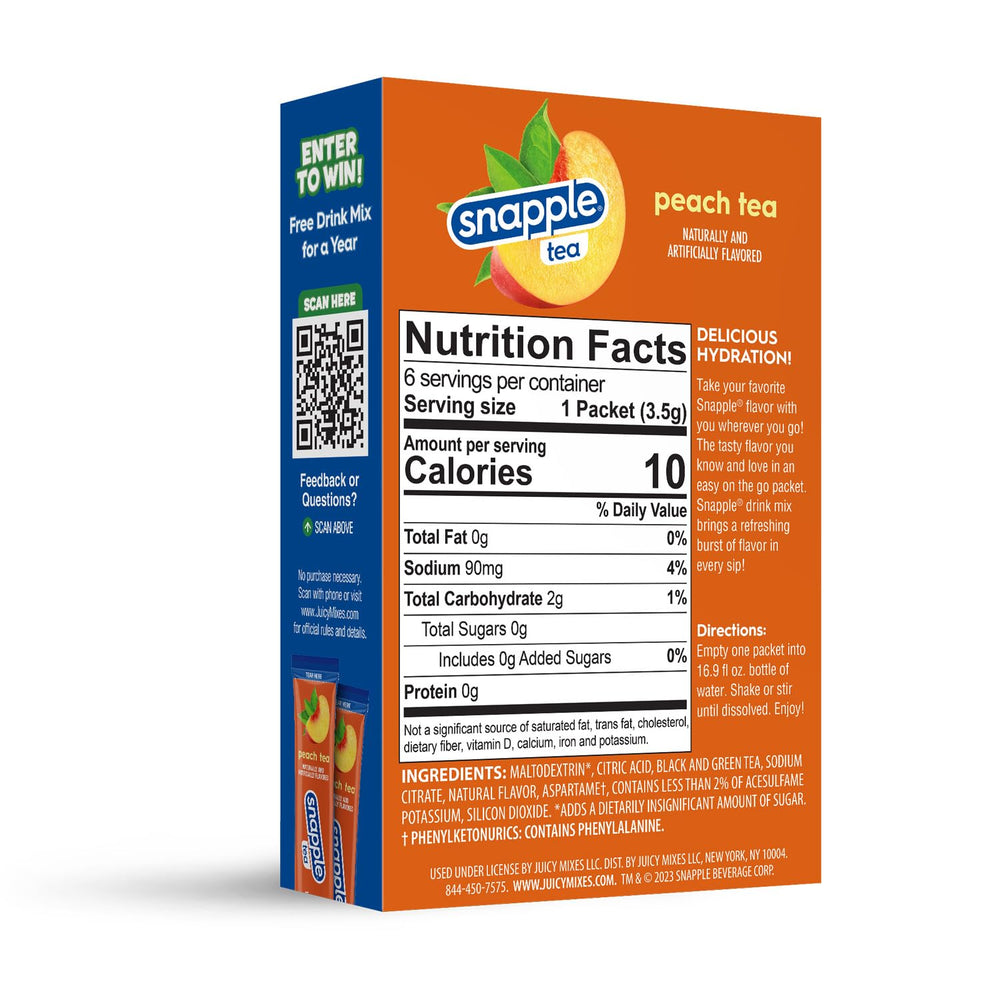 Juicy Mixes Snapple Tea Peach with natural flavors for a bright peach aroma.