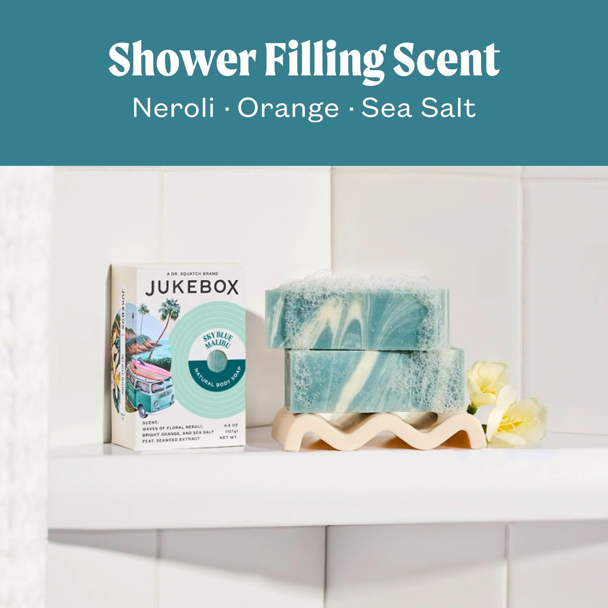 Kaolin clay near JUKEBOX Sky Blue Malibu highlights mineral cleansing.