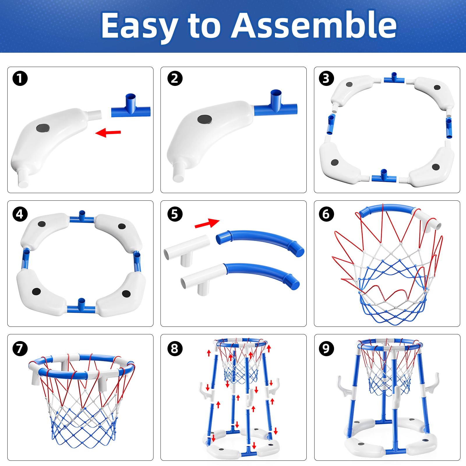 JUKUDAHU easy-assembly pool toy packed with four balls and pump for quick setup.